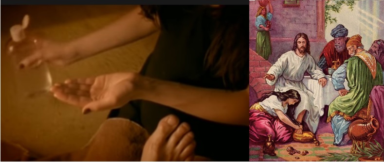 Left: Manson's wife washes his feet in the Man That You Fear music video.            Right: A painting of Mary Magdalene washing Jesus' feet