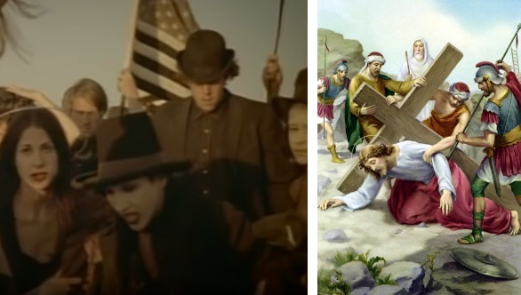 Left: Manson falling on the way to the stoning in Man That You Fear music video.            Right: A painting of Jesus falling a second time on the way to the crucifixion