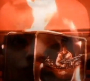 Burning Rambo lunchbox in the Lunchbox music video
